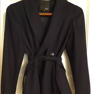 Liquid women’s coat jacket wool tie belt navy blue